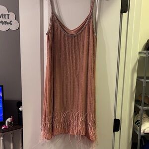 Women's Mini Dress with Beaded Fringe - Dusty Pink